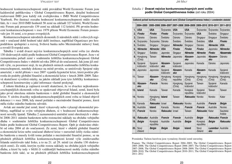 Pro ilustraci rozsahu hodnocení konkurenceschopnosti může sloužit fakt, že v roce 2010 IMD hodnotil 58 zemí na základě 327 kritérií, World Economic Forum pak posuzovalo 139 zemí na základě 112