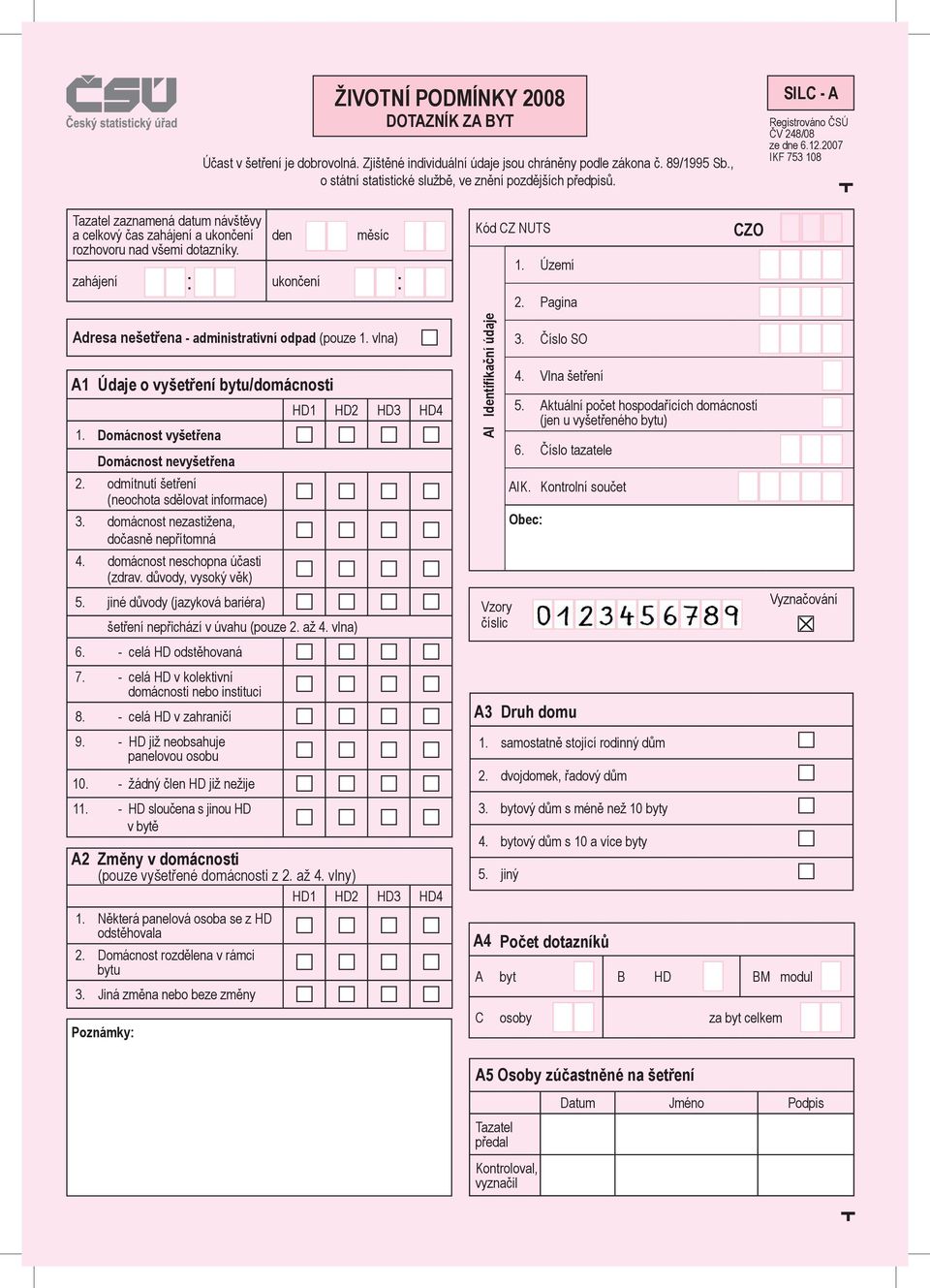 den měsíc zahájení : ukončení : Kód CZ NUTS CZO 1. Území 2. Pagina Adresa nešetřena - administrativní odpad (pouze 1. vlna) A1 Údaje o vyšetření bytu/domácnosti 1.