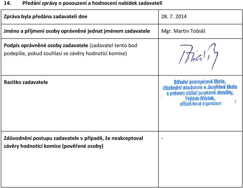 Martin Tobiáš Podpis oprávněné osoby zadavatele (zadavatel tento bod podepíše, pokud souhlasí se