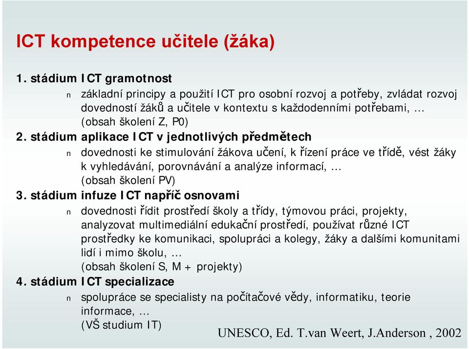 stádium aplikace ICT v jednotlivých předmětech dovednosti ke stimulování žákova učení, k řízení práce ve třídě, vést žáky k vyhledávání, porovnávání a analýze informací, (obsah školení PV) 3.