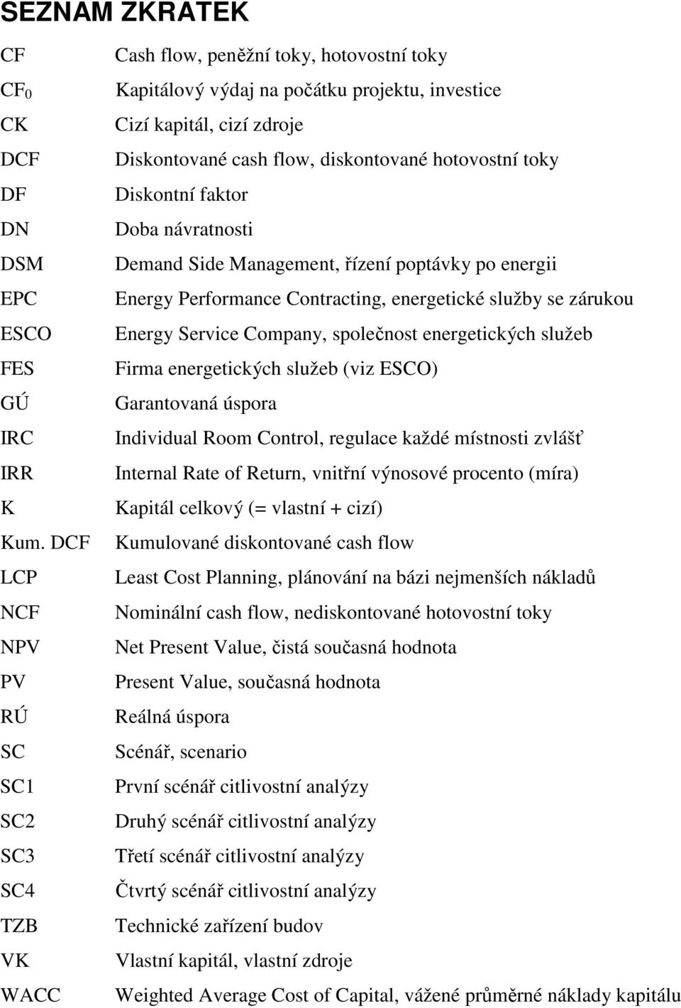 diskontované hotovostní toky Diskontní faktor Doba návratnosti Demand Side Management, řízení poptávky po energii Energy Performance Contracting, energetické služby se zárukou Energy Service Company,