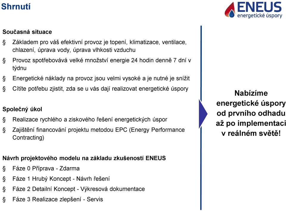 a ziskového řešení energetických úspor Zajištění financování projektu metodou EPC (Energy Performance Contracting) Nabízíme energetické úspory od prvního odhadu až po implementaci v reálném