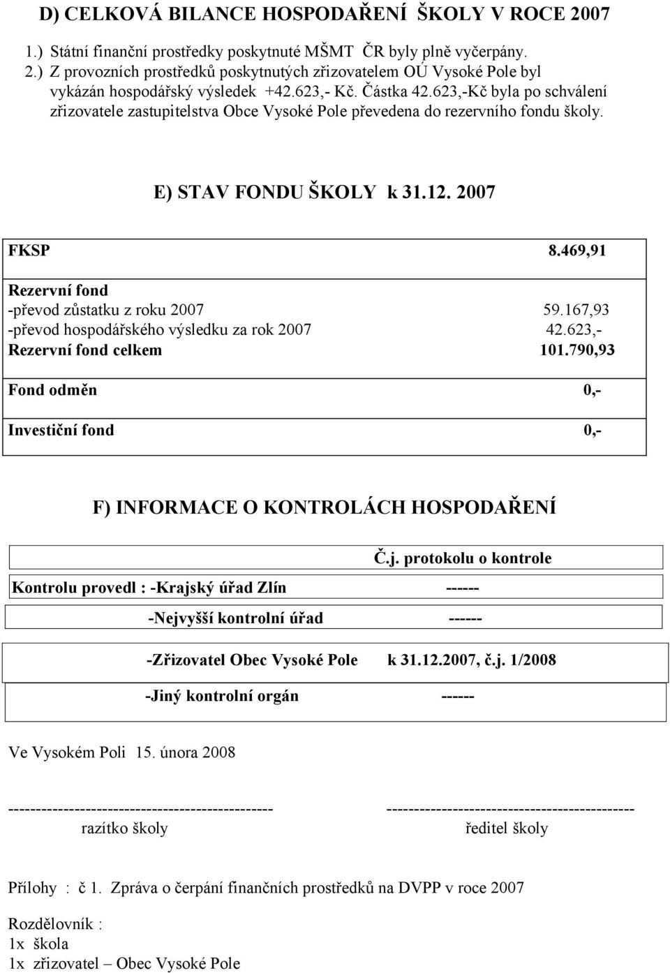 469,91 Rezervní fond -převod zůstatku z roku 2007 59.167,93 -převod hospodářského výsledku za rok 2007 42.623,- Rezervní fond celkem 101.