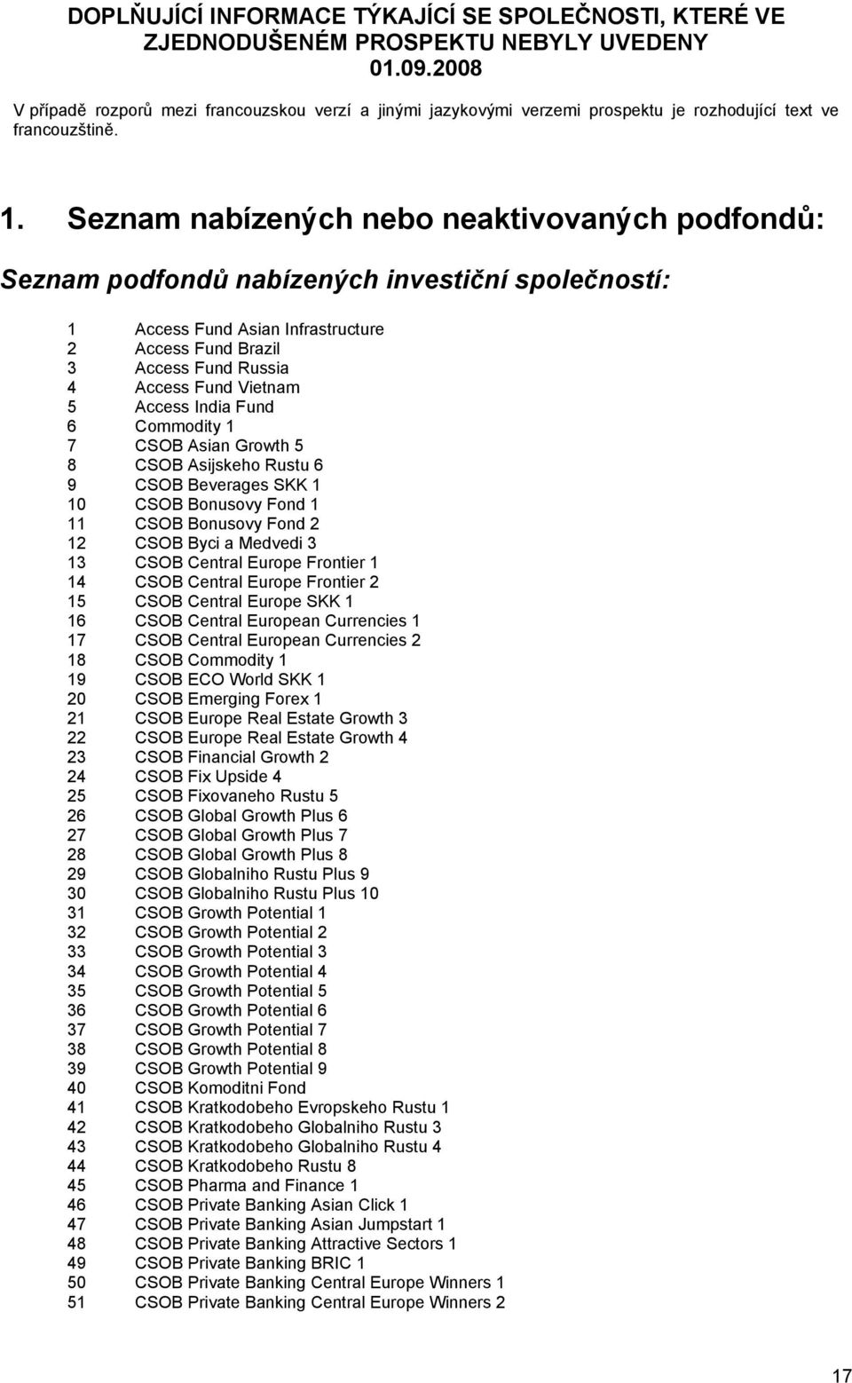 Seznam nabízených nebo neaktivovaných podfondů: Seznam podfondů nabízených investiční společností: 1 Access Fund Asian Infrastructure 2 Access Fund Brazil 3 Access Fund Russia 4 Access Fund Vietnam 5