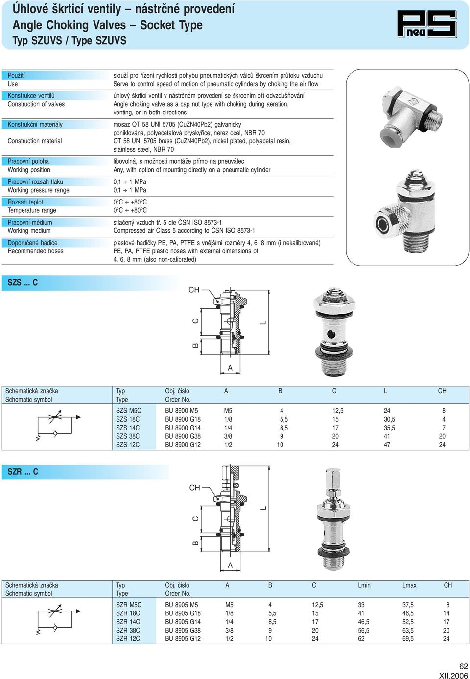 Àování ngle choking valve as a cap nut type with choking during aeration, venting, or in both directions mosaz OT 58 UNI 5705 (CuZN40Pb) galvanicky poniklována, polyacetalová pryskyfiice, nerez ocel,