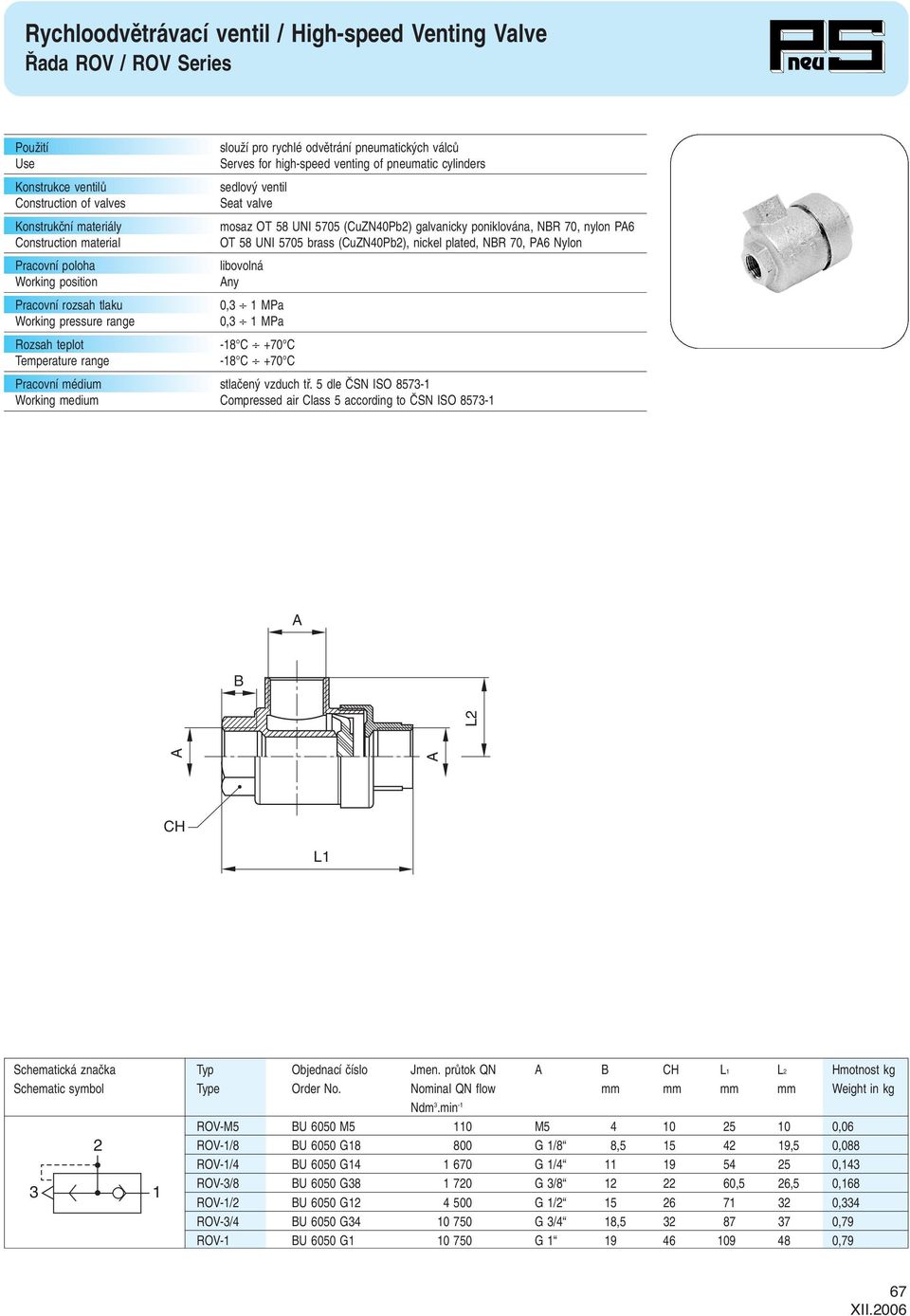 0,3 1 MPa Rozsah teplot -18 C +70 C Temperature range -18 C +70 C Working medium Compressed air Class 5 according to âsn ISO 8573-1 L L1 Schematická znaãka Typ Objednací ãíslo Jmen.