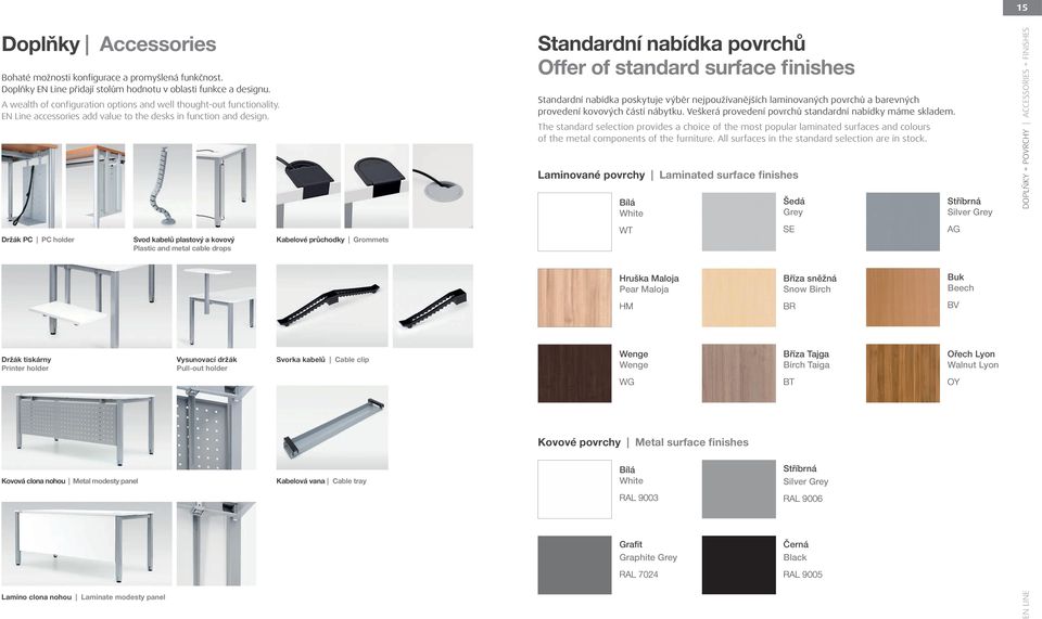 Držák PC PC holder Svod kabelů plastový a kovový Plastic and metal cable drops Kabelové průchodky Grommets Standardní nabídka povrchů Offer of standard surface finishes Standardní nabídka poskytuje