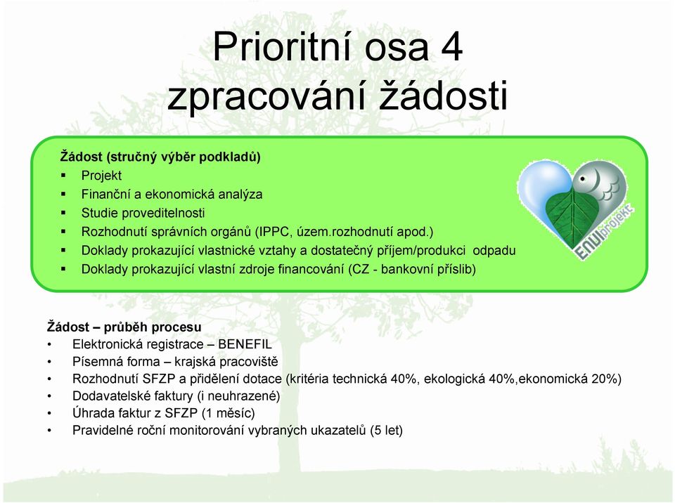 ) Doklady prokazující vlastnické vztahy a dostatečný příjem/produkci odpadu Doklady prokazující vlastní zdroje financování (CZ - bankovní příslib) Žádost