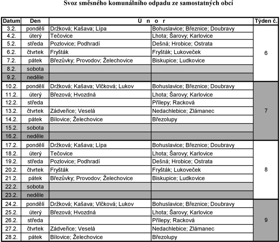 2. středa Přílepy; Racková 13.2. čtvrtek Zádveřice; Veselá Nedachlebice; Zlámanec 14.2. pátek Bílovice; Želechovice Březolupy 15.2. sobota 16.2. neděle 17.2. pondělí Držková; Kašava; Lípa Bohuslavice; Březnice; Doubravy 18.