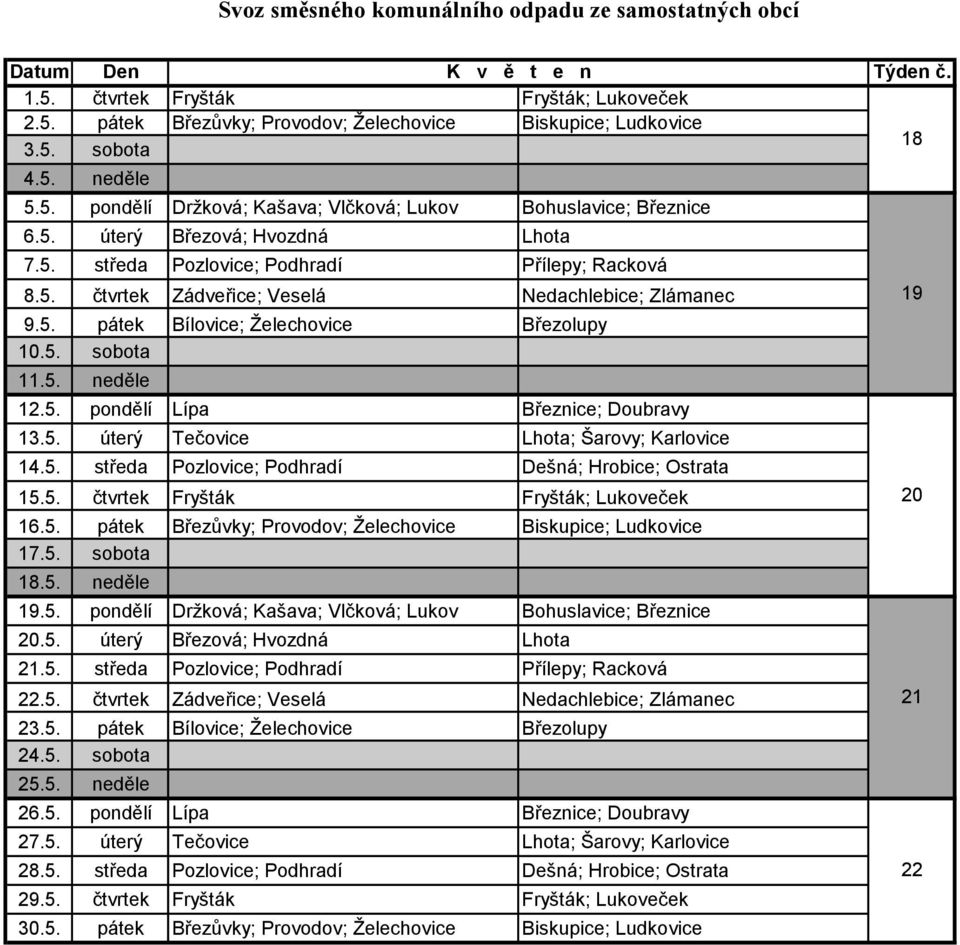 5. pondělí Lípa Březnice; Doubravy 13.5. úterý Tečovice Lhota; Šarovy; Karlovice 14.5. středa Pozlovice; Podhradí Dešná; Hrobice; Ostrata 15.5. čtvrtek Fryšták Fryšták; Lukoveček 16.5. pátek Březůvky; Provodov; Želechovice Biskupice; Ludkovice 17.