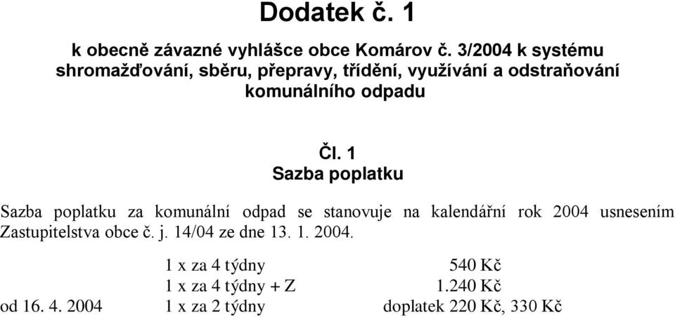 Čl. 1 Sazba poplatku Sazba poplatku za komunální odpad se stanovuje na kalendářní rok 2004 usnesením