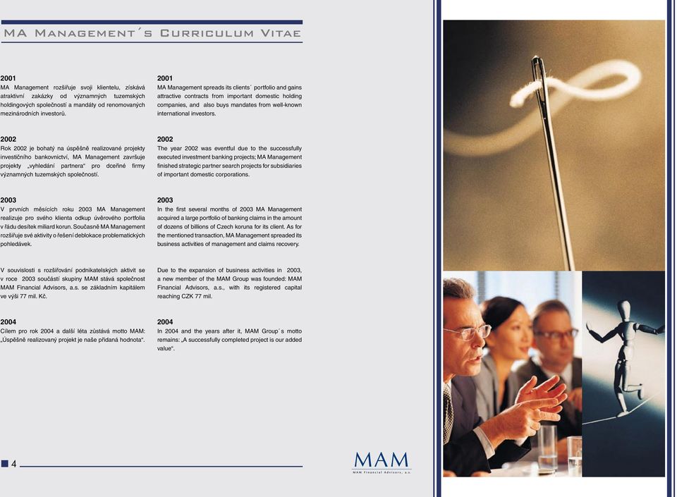2002 Rok 2002 je bohatý na úspěšně realizované projekty investičního bankovnictví, MA Management završuje projekty vyhledání partnera pro dceřiné fi r my významných tuzemských společností.