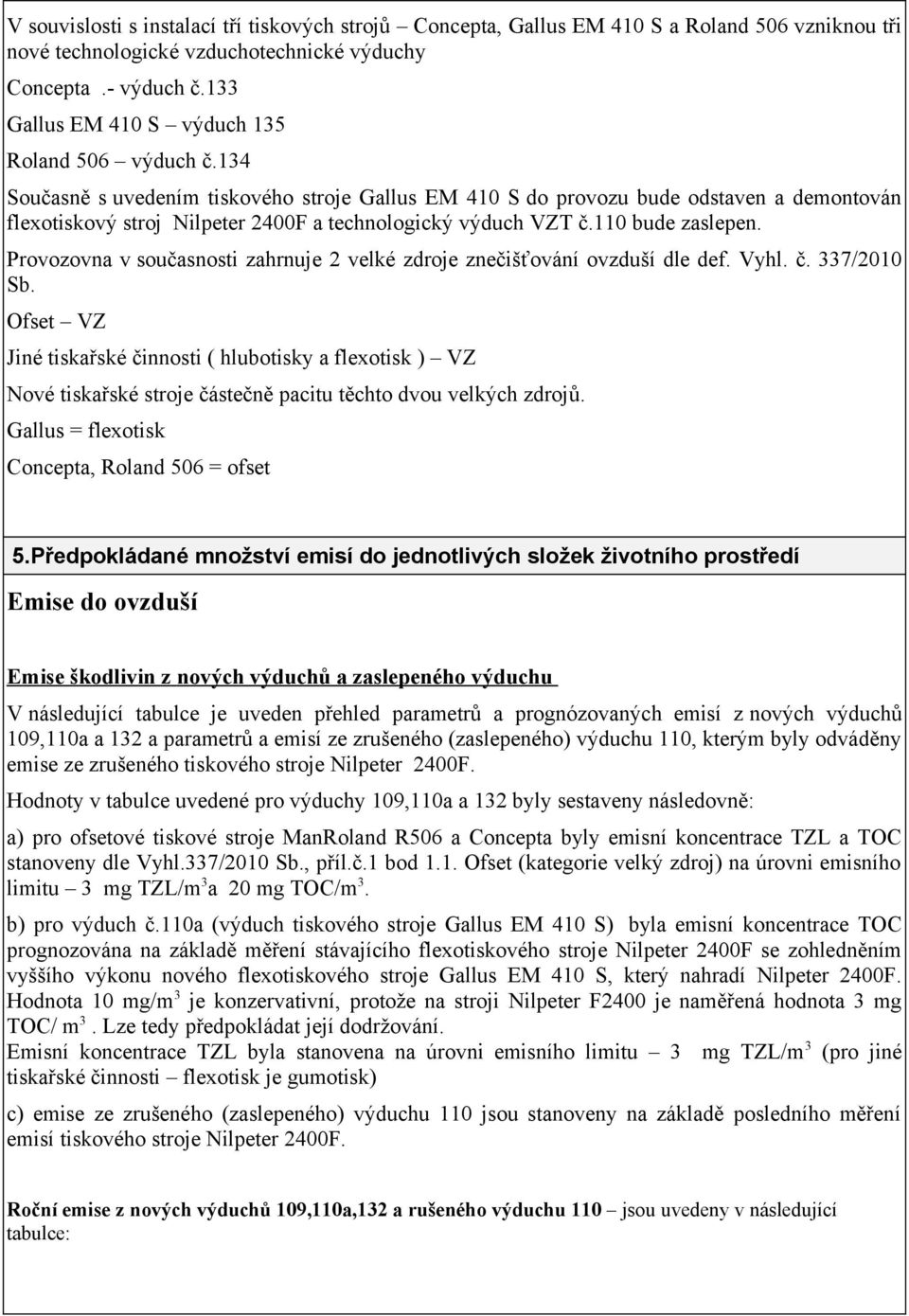 134 Současně s uvedením tiskového stroje Gallus EM 410 S do provozu bude odstaven a demontován flexotiskový stroj Nilpeter 2400F a technologický výduch VZT č.110 bude zaslepen.