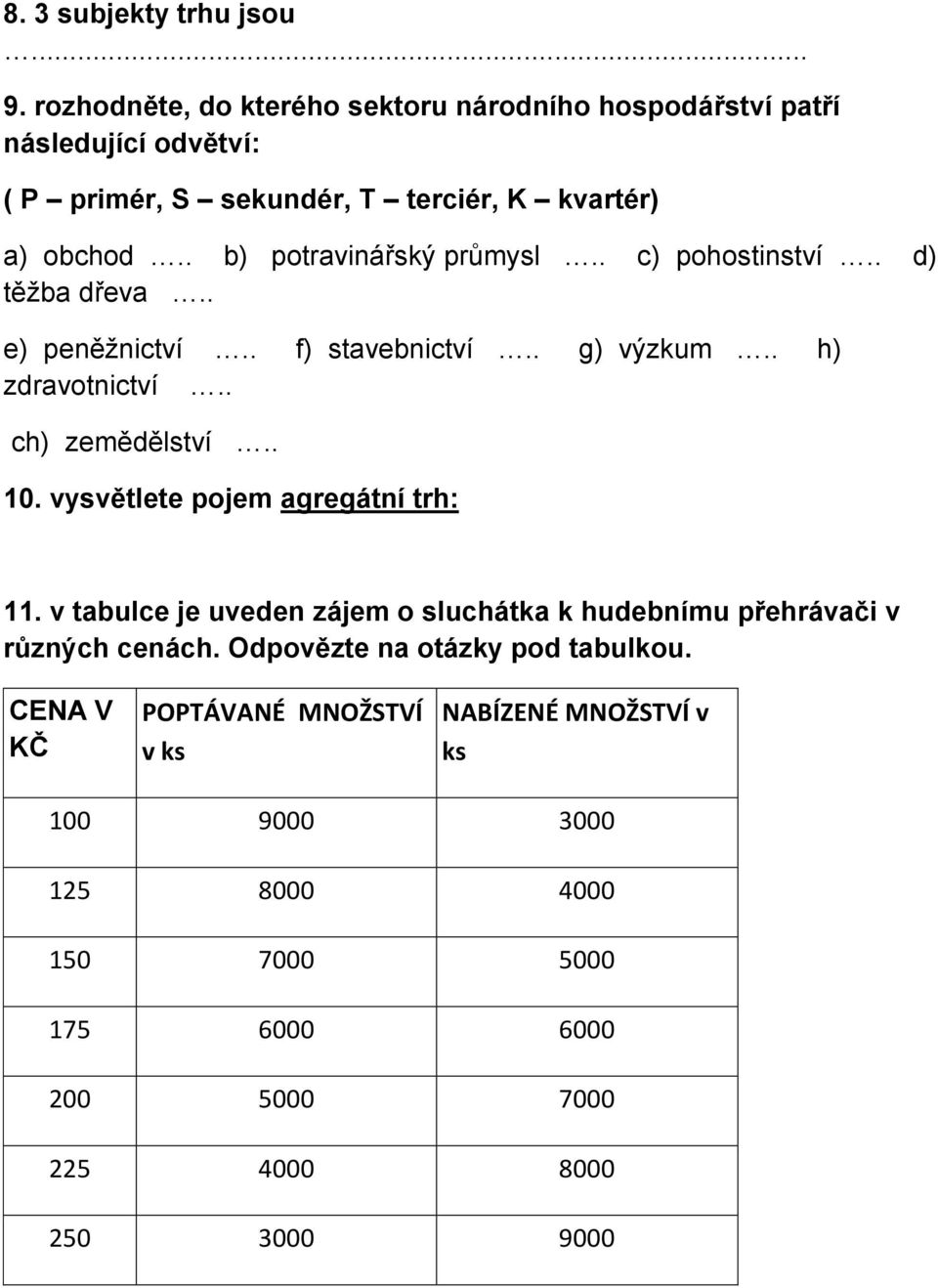 . b) potravinářský průmysl.. c) pohostinství.. d) těžba dřeva.. e) peněžnictví.. f) stavebnictví.. g) výzkum.. h) zdravotnictví.. ch) zemědělství.. 10.