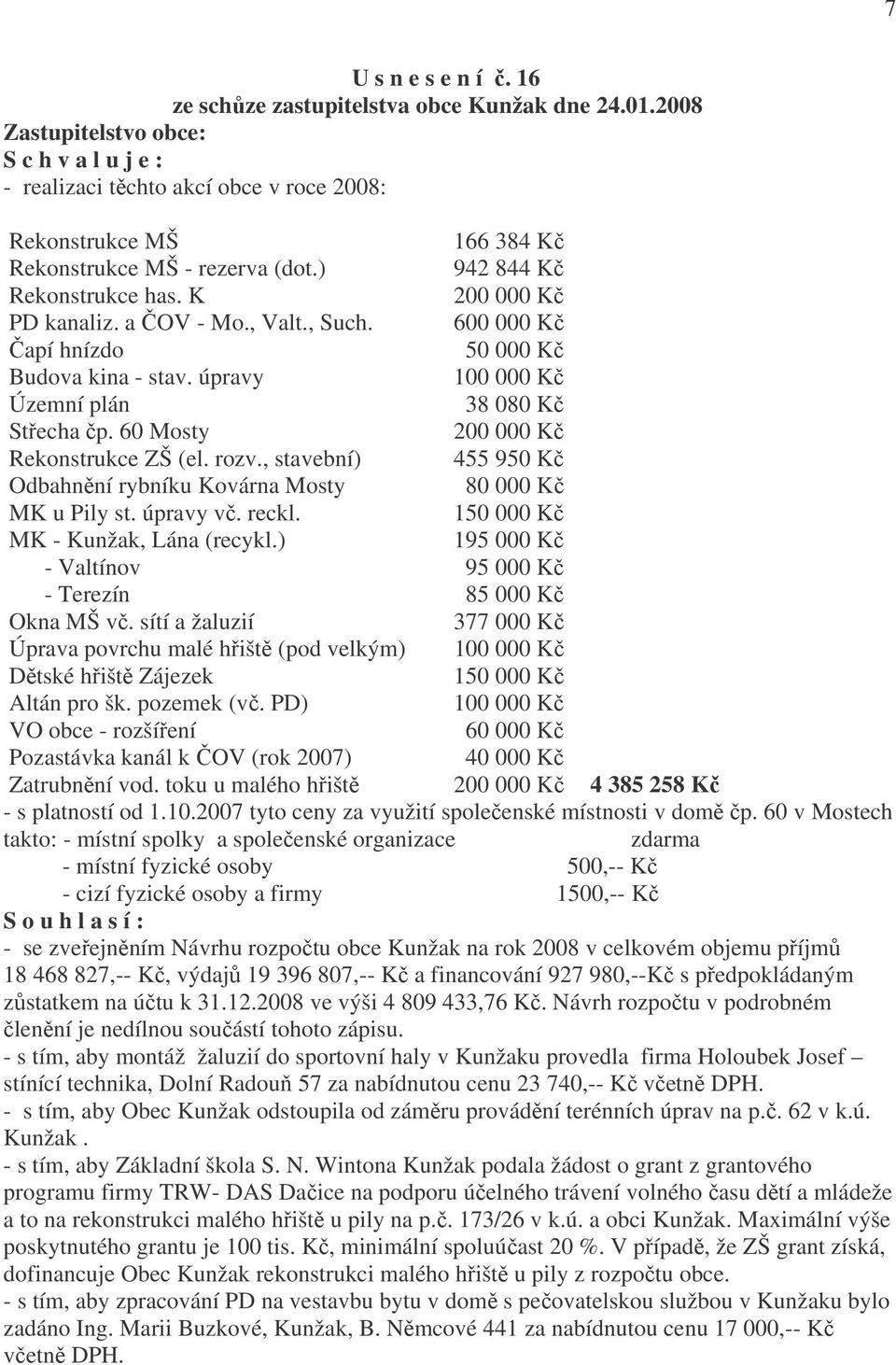 K 200 000 Kč PD kanaliz. a ČOV - Mo., Valt., Such. 600 000 Kč Čapí hnízdo 50 000 Kč Budova kina - stav. úpravy 100 000 Kč Územní plán 38 080 Kč Střecha čp. 60 Mosty 200 000 Kč Rekonstrukce ZŠ (el.