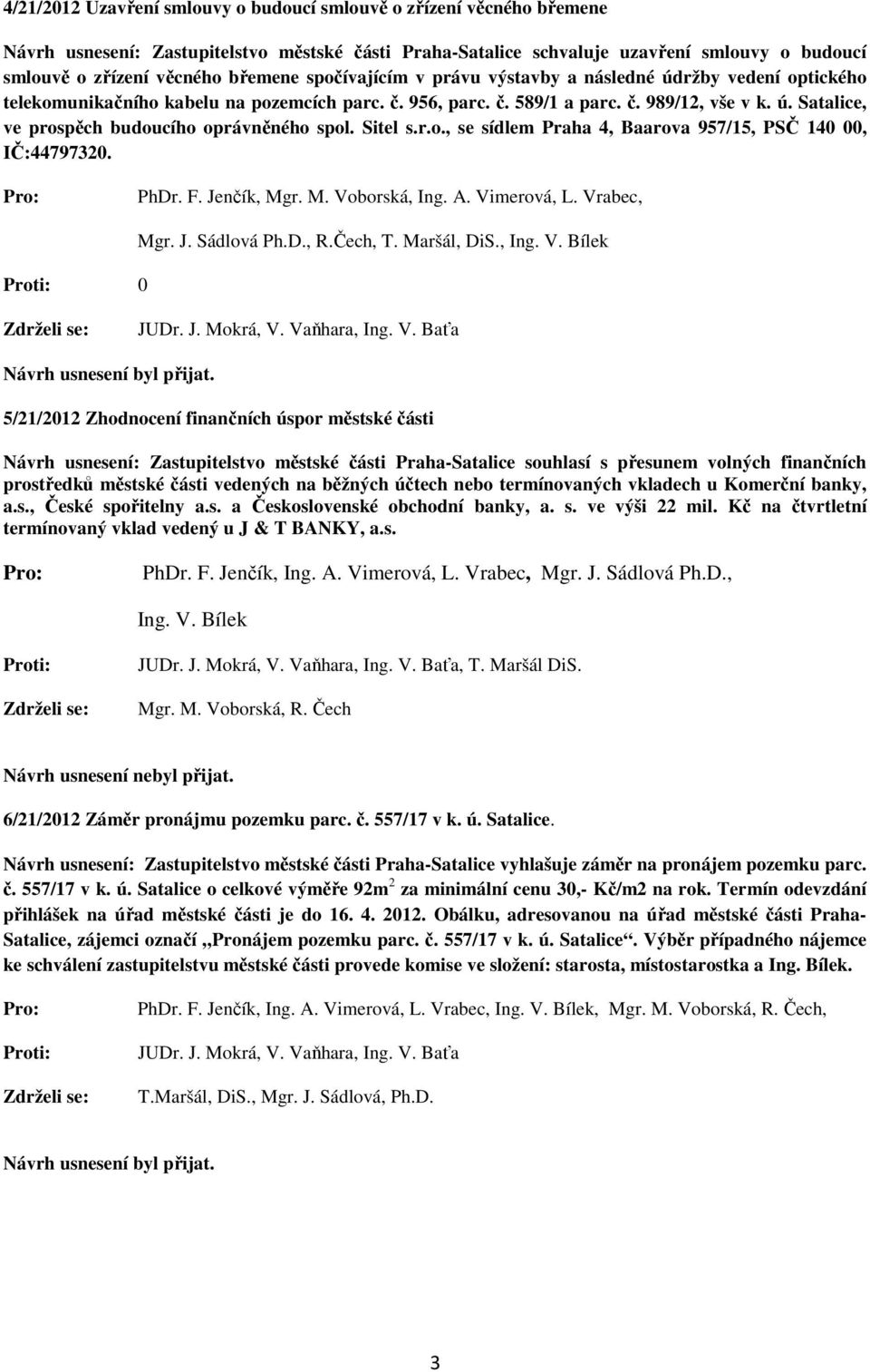 Sitel s.r.o., se sídlem Praha 4, Baarova 957/15, PSČ 140 00, IČ:44797320. Mgr. J. Sádlová Ph.D., R.Čech, T. Maršál, DiS., Ing. V.