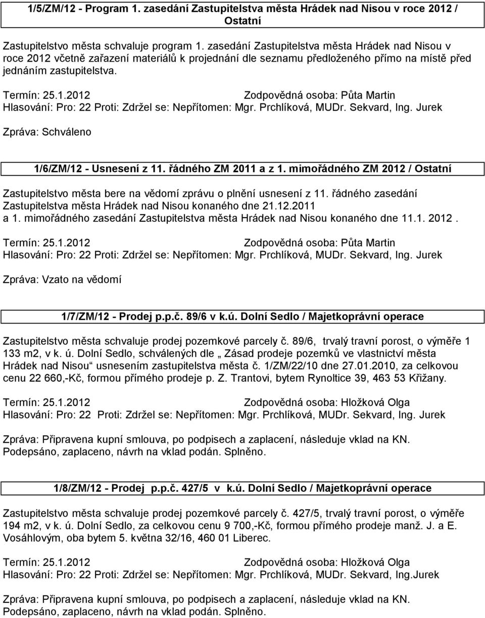 Zpráva: Schváleno 1/6/ZM/12 - Usnesení z 11. řádného ZM 2011 a z 1. mimořádného ZM 2012 / Ostatní Zastupitelstvo města bere na vědomí zprávu o plnění usnesení z 11.