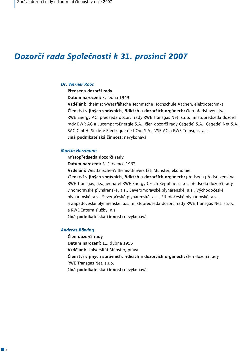 dozorčí rady RWE Transgas Net, s.r.o., místopředseda dozorčí rady EWR AG a Luxempart-Energie S.A., člen dozorčí rady Cegedel S.A., Cegedel Net S.A., SAG GmbH, Société Electrique de l'our S.A., VSE AG a RWE Transgas, a.