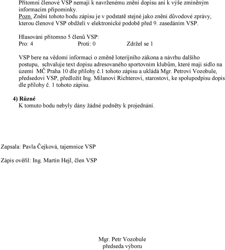 Hlasování přítomno 5 členů VSP: Pro: 4 Proti: 0 Zdržel se 1 VSP bere na vědomí informaci o změně loterijního zákona a návrhu dalšího postupu, schvaluje text dopisu adresovaného sportovním klubům,