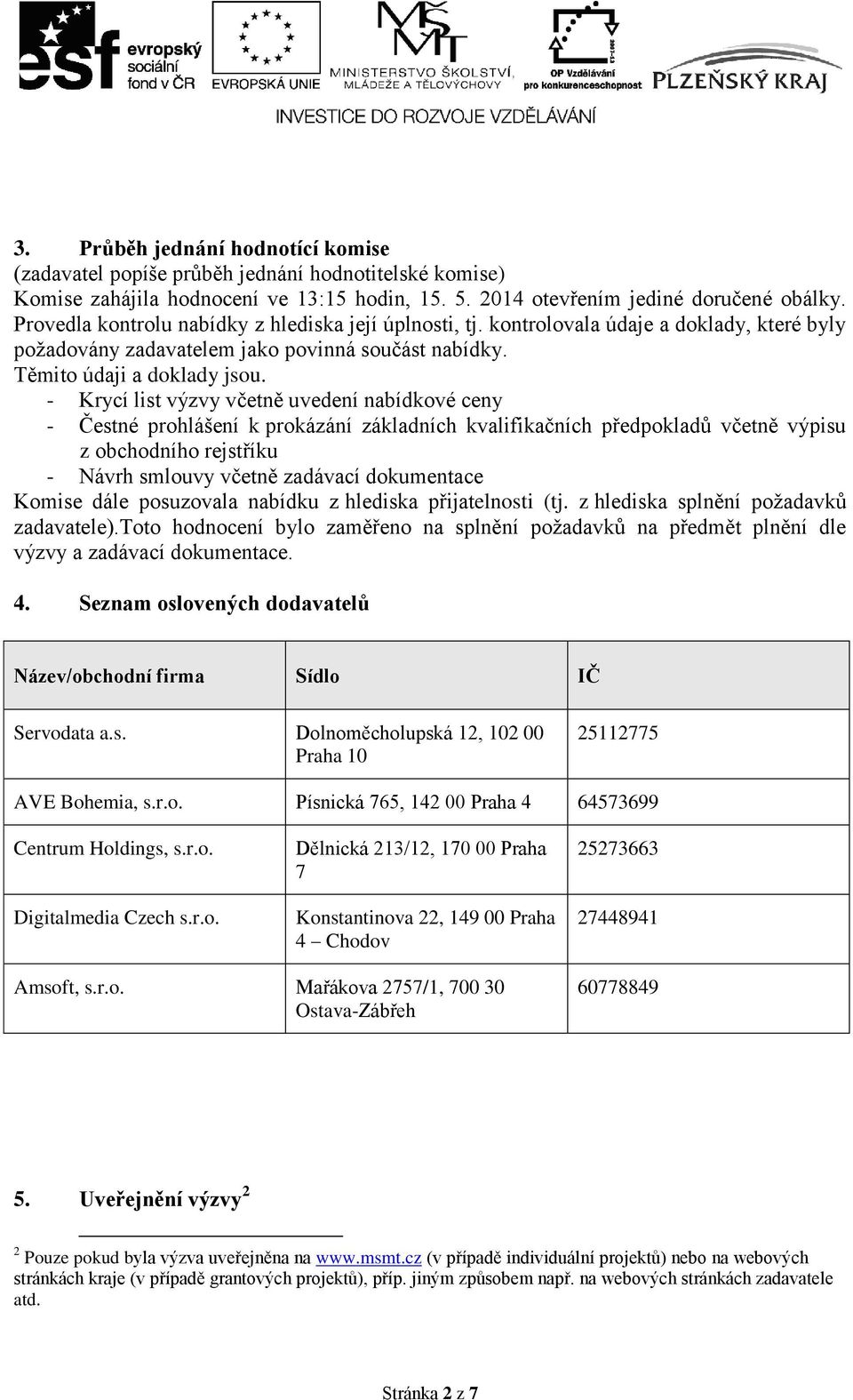 - Krycí list výzvy včetně uvedení nabídkové ceny - Čestné prohlášení k prokázání základních kvalifikačních předpokladů včetně výpisu z obchodního rejstříku - Návrh smlouvy včetně zadávací dokumentace