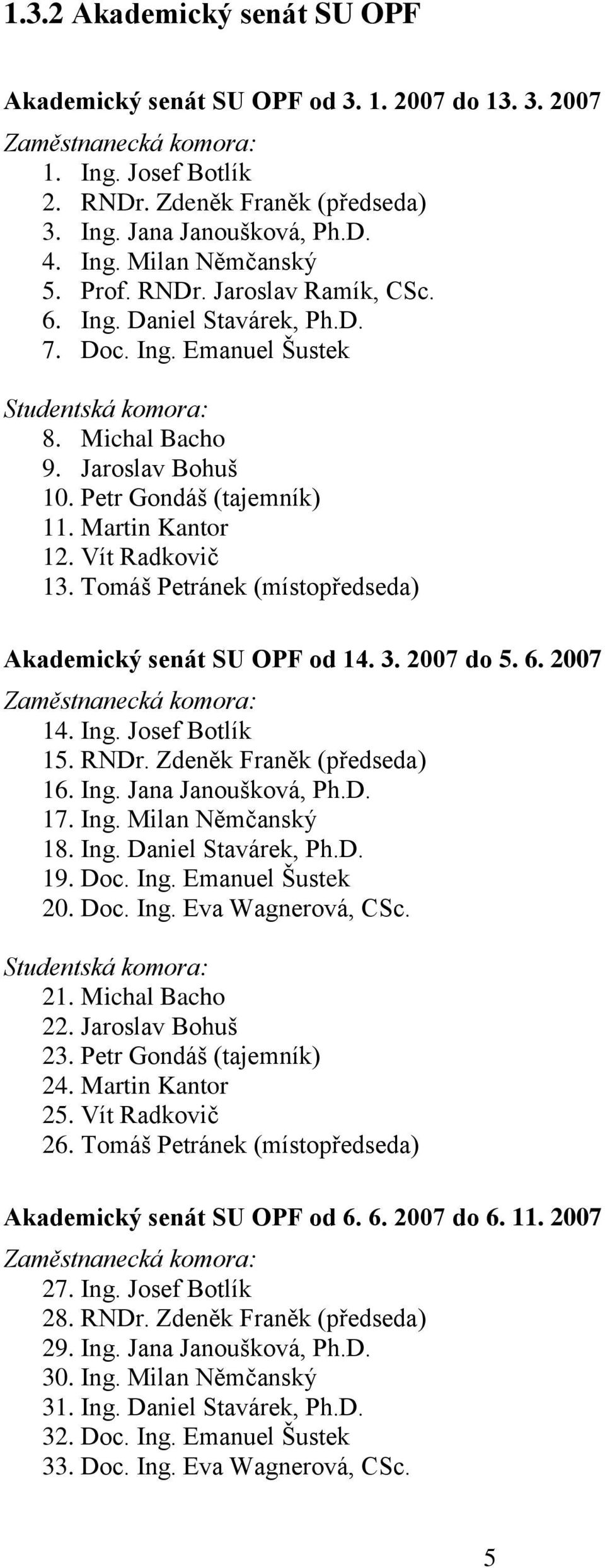 Vít Radkovič 13. Tomáš Petránek (místopředseda) Akademický senát SU OPF od 14. 3. 2007 do 5. 6. 2007 Zaměstnanecká komora: 14. Ing. Josef Botlík 15. RNDr. Zdeněk Franěk (předseda) 16. Ing. Jana Janoušková, Ph.