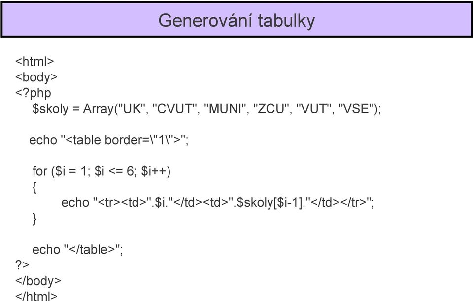 "VSE"); echo "<table border=\"1\">"; for ($i = 1; $i <= 6;