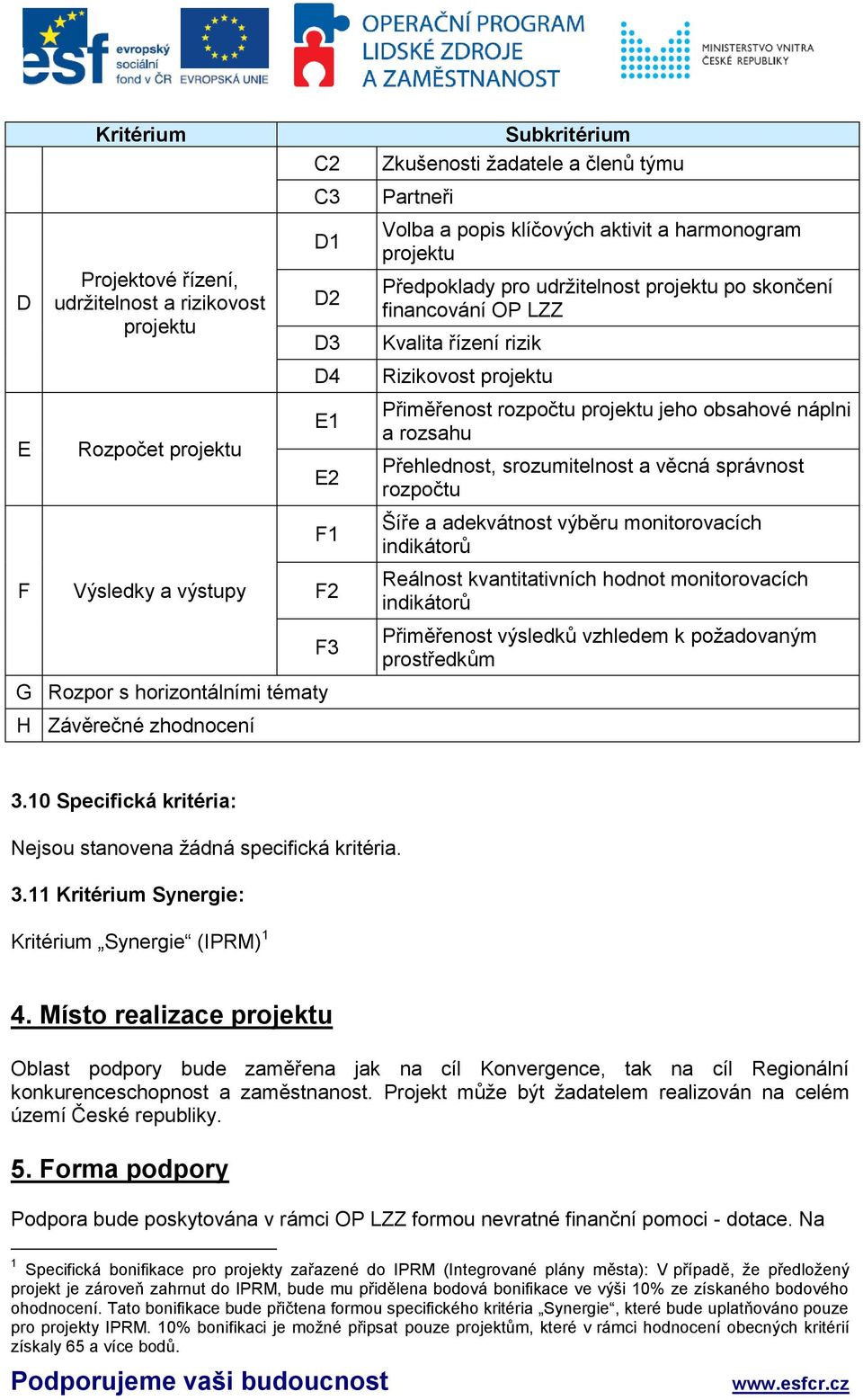 Přehlednost, srozumitelnost a věcná správnost rozpočtu F1 Šíře a adekvátnost výběru monitorovacích indikátorů F Výsledky a výstupy F2 Reálnost kvantitativních hodnot monitorovacích indikátorů F3