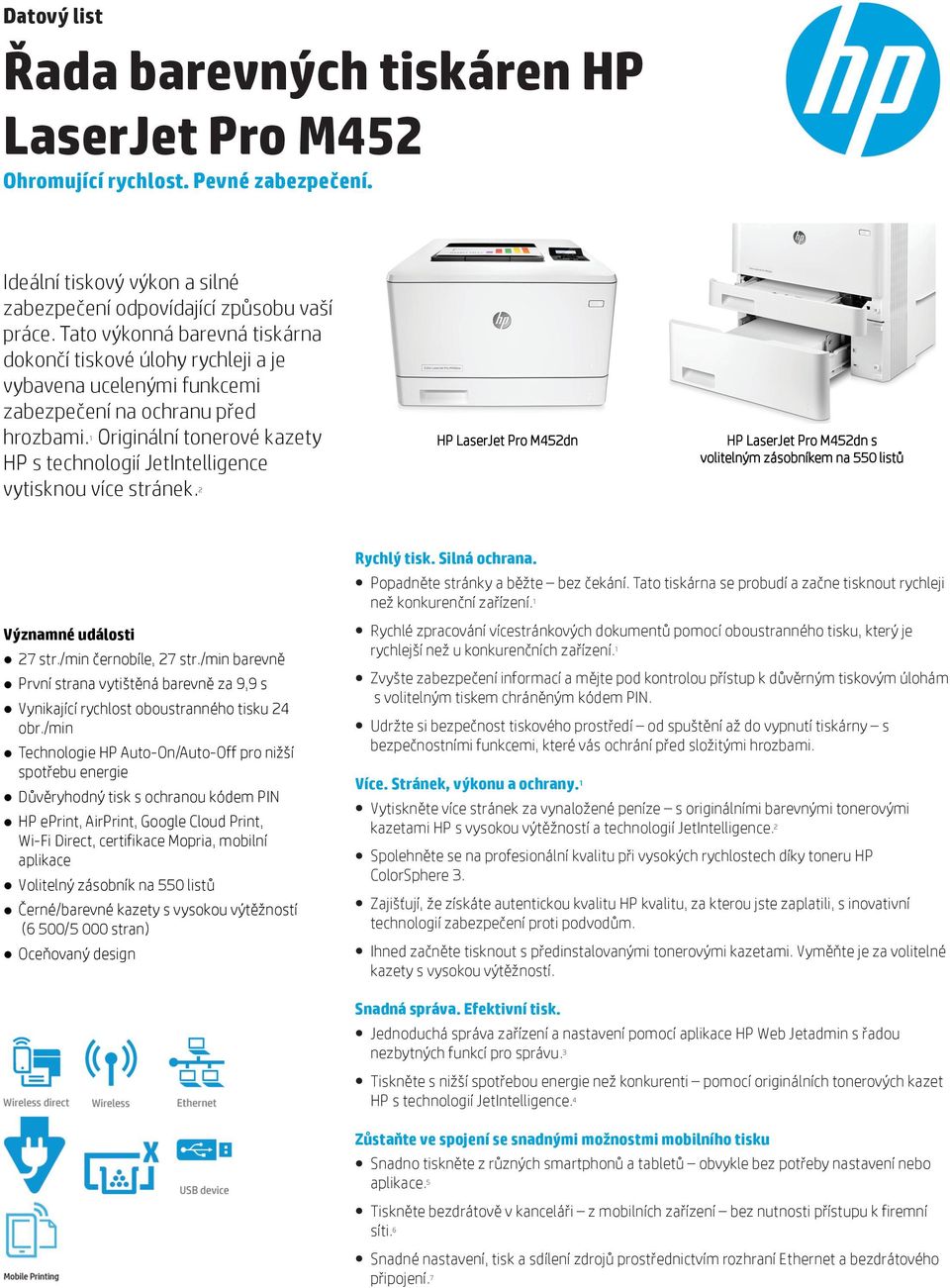 1 Originální tonerové kazety HP s technologií JetIntelligence vytisknou více stránek. 2 HP LaserJet Pro M452dn HP LaserJet Pro M452dn s volitelným zásobníkem na 550 listů Významné události 27 str.