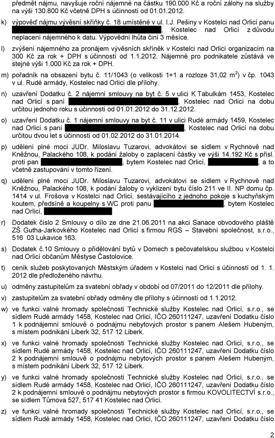 l) zvýšení nájemného za pronájem vývěsních skříněk v Kostelci nad Orlicí organizacím na 300 Kč za rok + DPH s účinností od 1.1.2012. Nájemné pro podnikatele zůstává ve stejné výši 1.