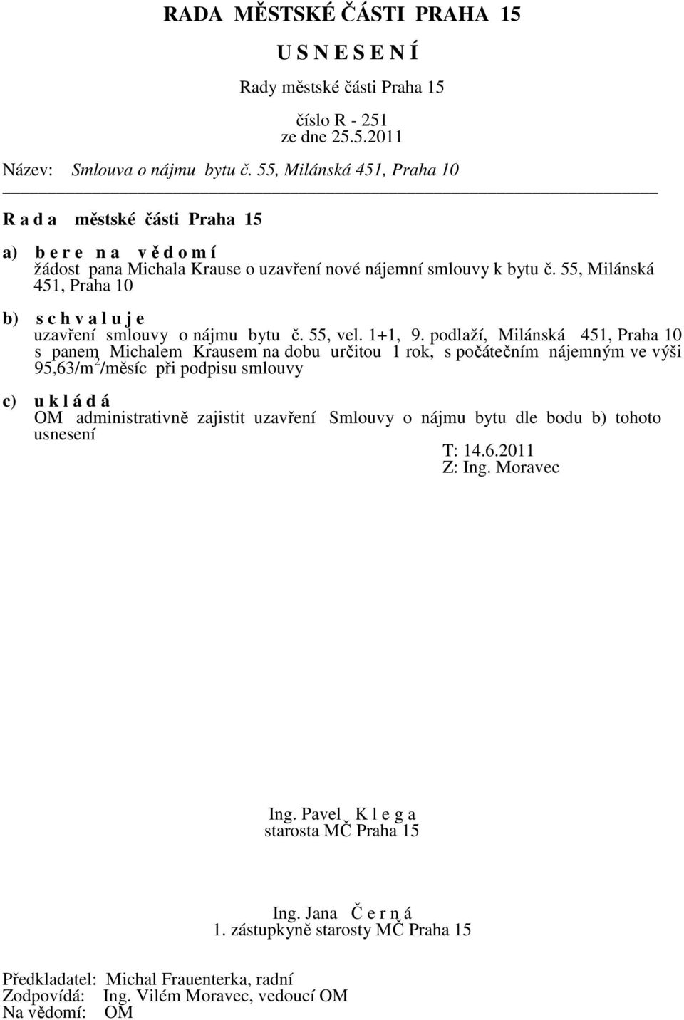 55, Milánská 451, Praha 10 b) s c h v a l u j e uzavření smlouvy o nájmu bytu č. 55, vel. 1+1, 9.