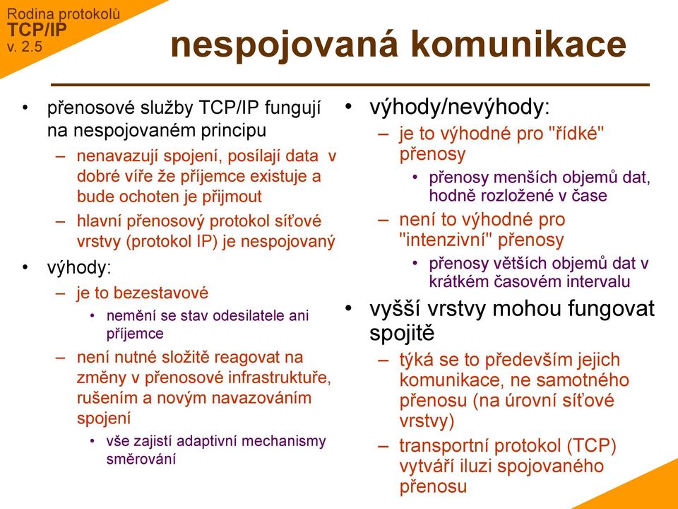 navazováním spojení vše zajistí adaptivní mechanismy směrování výhody/nevýhody: je to výhodné pro "řídké" přenosy přenosy menších objemů dat, hodně rozložené v čase není to výhodné pro "intenzivní"
