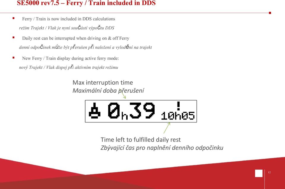 výpočtu DDS Daily rest can be interrupted when driving on & off Ferry denní odpočinek může být přerušen při naložení a