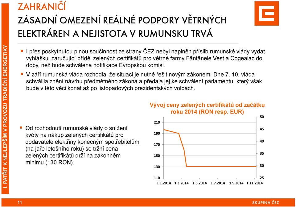 větrné farmy Fântânele Vest a Cogealac do doby, než bude schválena notifikace Evropskou komisí. V září rumunská vláda rozhodla, že situaci je nutné řešit novým zákonem. Dne 7. 10.