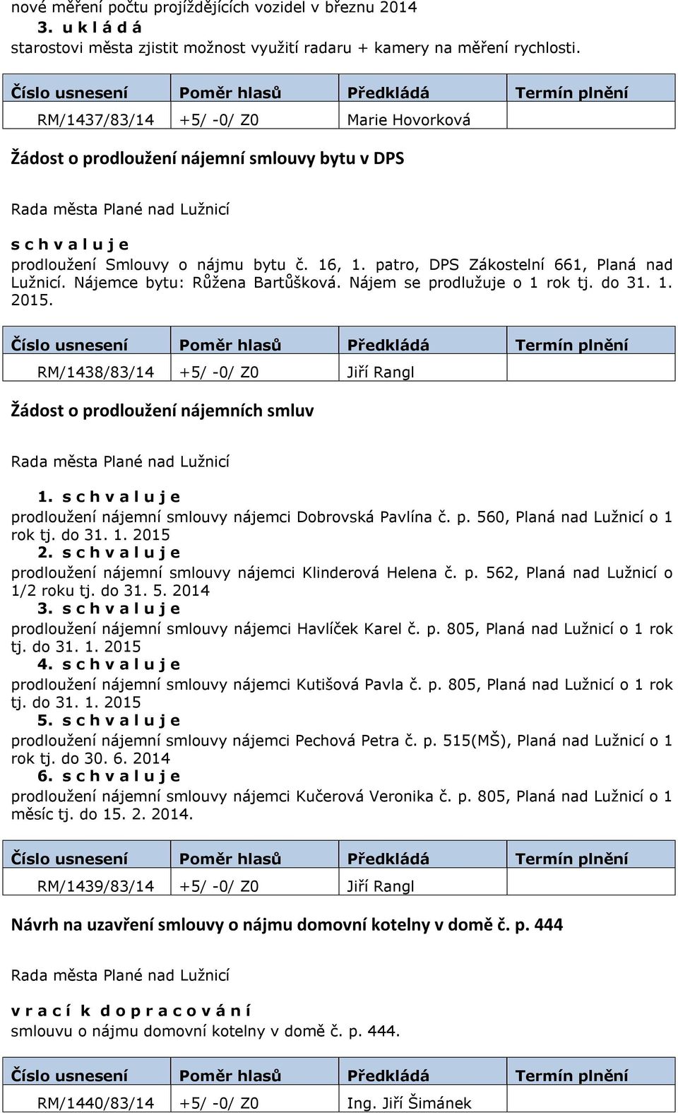 Nájemce bytu: Růžena Bartůšková. Nájem se prodlužuje o 1 rok tj. do 31. 1. 2015. RM/1438/83/14 +5/ -0/ Z0 Jiří Rangl Žádost o prodloužení nájemních smluv 1.