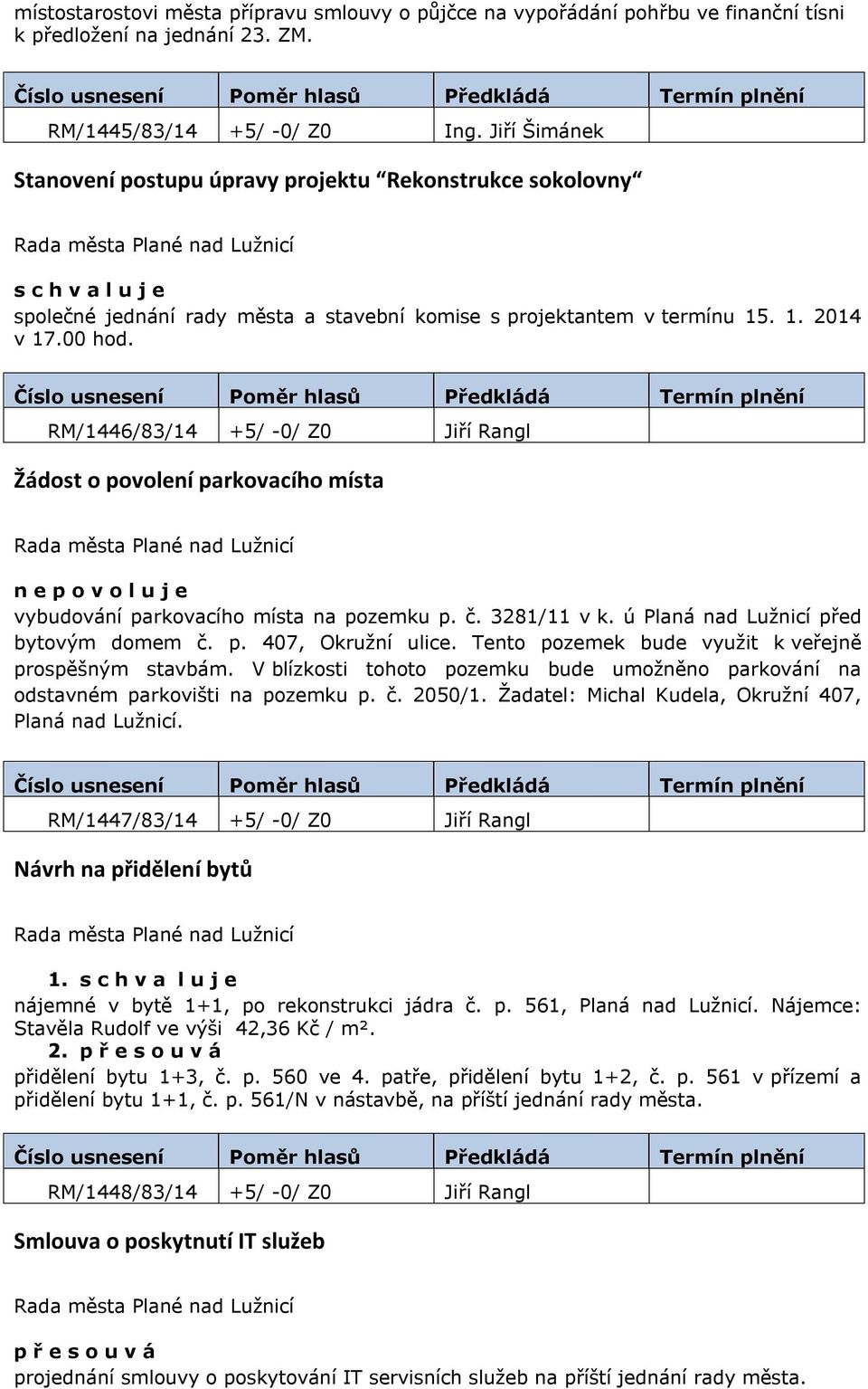 RM/1446/83/14 +5/ -0/ Z0 Jiří Rangl Žádost o povolení parkovacího místa n e p o v o l u j e vybudování parkovacího místa na pozemku p. č. 3281/11 v k. ú Planá nad Lužnicí před bytovým domem č. p. 407, Okružní ulice.