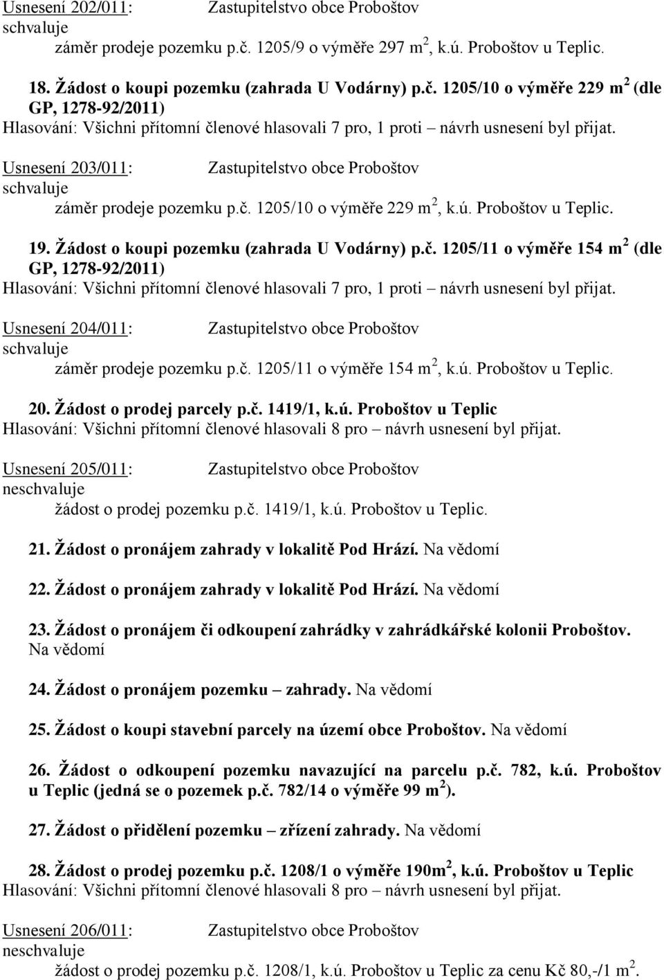 Usnesení 204/011: Zastupitelstvo obce Proboštov záměr prodeje pozemku p.č. 1205/11 o výměře 154 m 2, k.ú.