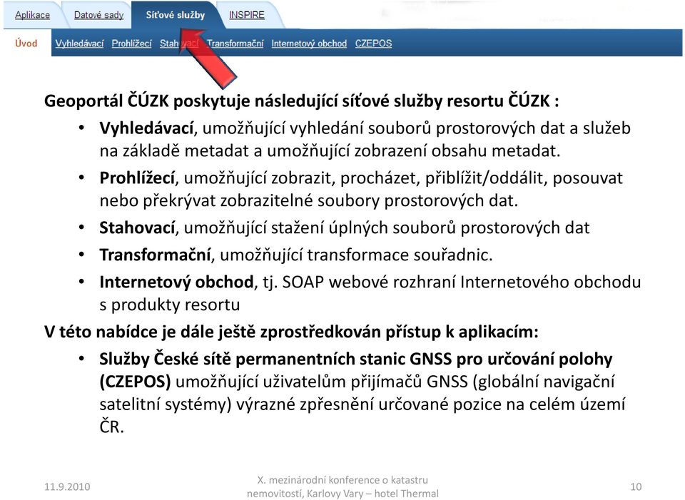 Stahovací, umožňující stažení úplných souborů prostorových dat Transformační, umožňující transformace souřadnic. Internetový obchod, tj.