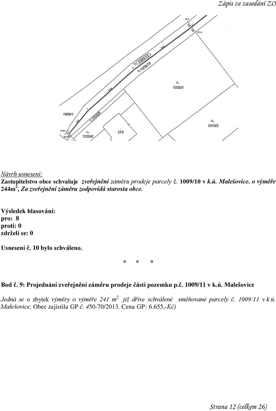 9: Projednání zveřejnění záměru prodeje části pozemku p.č. 1009/11 v k.ú.