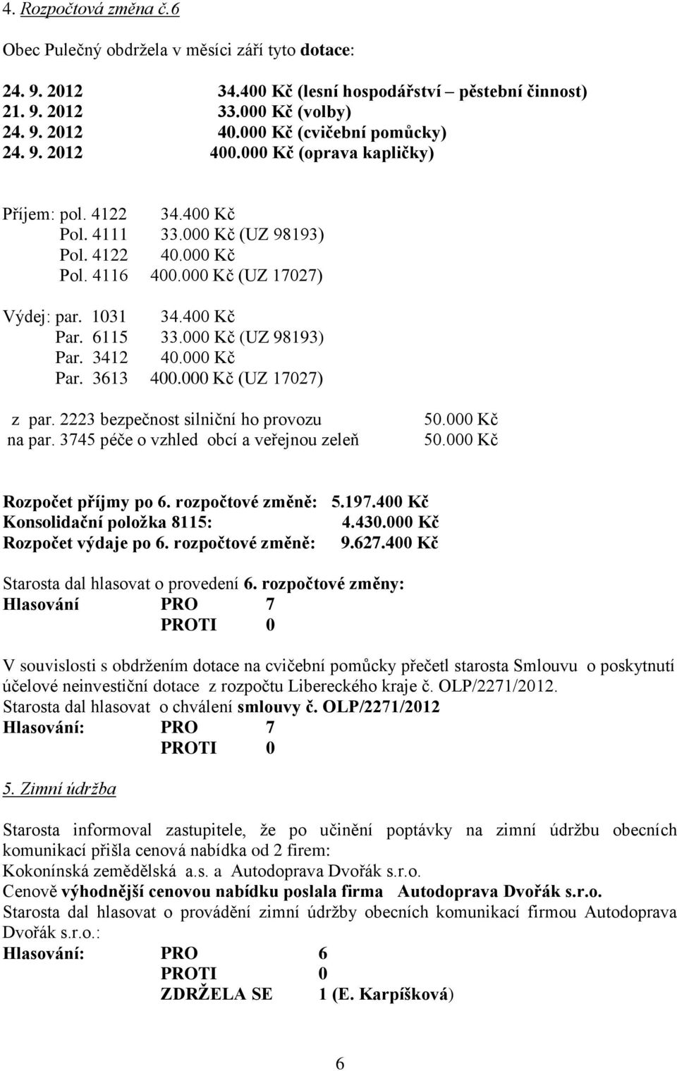 400 Kč Par. 6115 33.000 Kč (UZ 98193) Par. 3412 40.000 Kč Par. 3613 400.000 Kč (UZ 17027) z par. 2223 bezpečnost silniční ho provozu na par. 3745 péče o vzhled obcí a veřejnou zeleň 50.000 Kč 50.