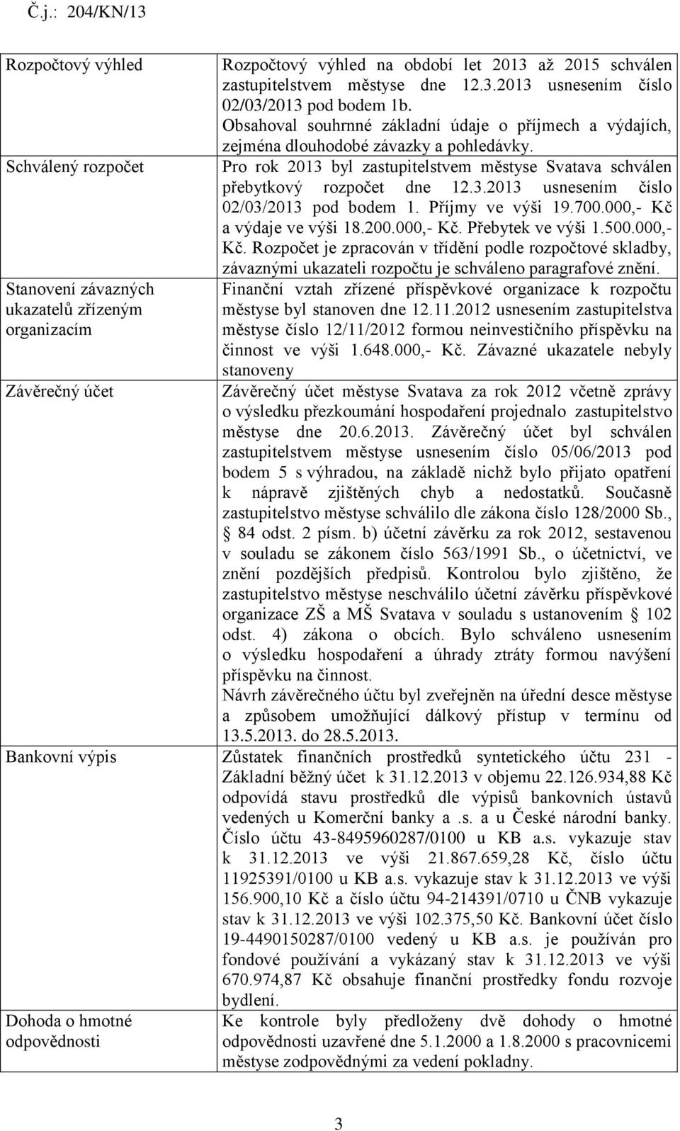 Příjmy ve výši 19.700.000,- Kč a výdaje ve výši 18.200.000,- Kč. Přebytek ve výši 1.500.000,- Kč. Rozpočet je zpracován v třídění podle rozpočtové skladby, závaznými ukazateli rozpočtu je schváleno paragrafové znění.