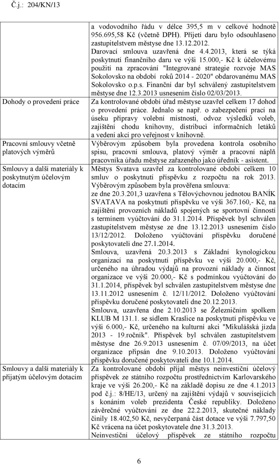 4.2013, která se týká poskytnutí finančního daru ve výši 15.