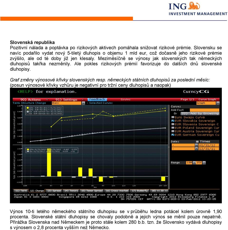 Meziměsíčně se výnosy jak slovenských tak německých dluhopisů takřka nezměnily. Ale pokles rizikových prémií favorizuje do dalších dnů slovenské dluhopisy. Graf změny výnosové křivky slovenských resp.
