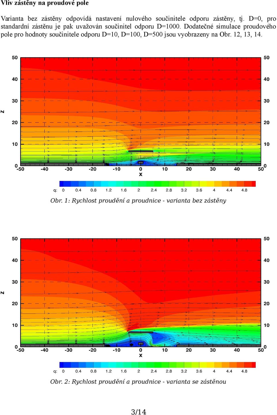 Dodatečné simulace proudového pole pro hodnoty součinitele odporu D=10, D=100, D=500 jsou vyobrazeny na
