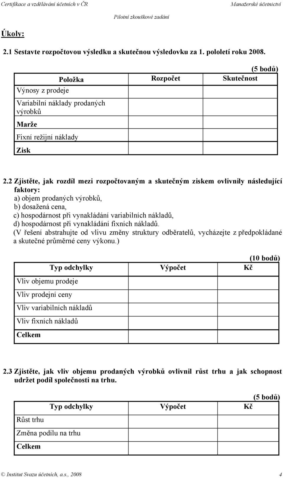 2 Zjistěte, jak rozdíl mezi rozpočtovaným a skutečným ziskem ovlivnily následující faktory: a) objem prodaných výrobků, b) dosažená cena, c) hospodárnost při vynakládání variabilních nákladů, d)