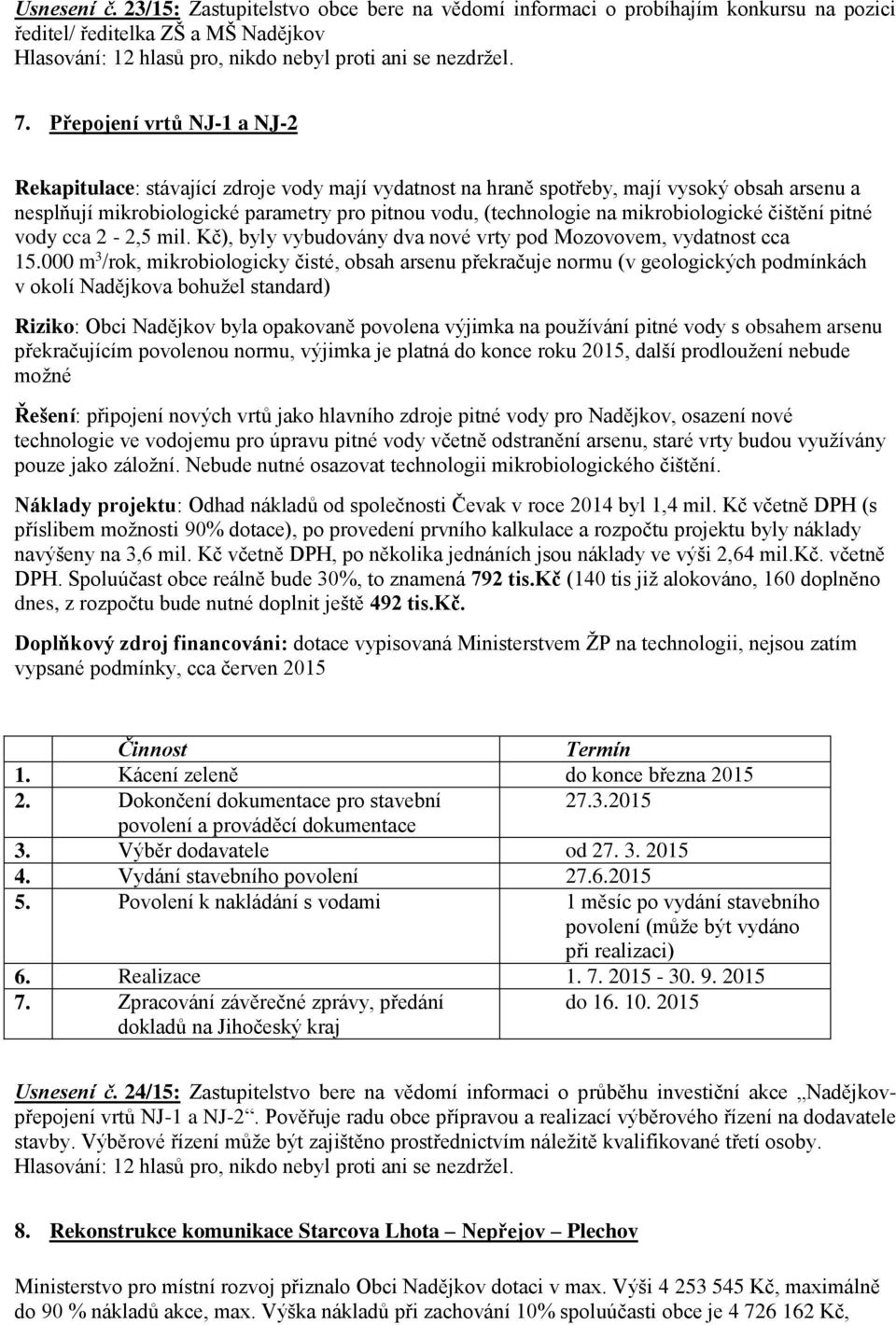 mikrobiologické čištění pitné vody cca 2-2,5 mil. Kč), byly vybudovány dva nové vrty pod Mozovovem, vydatnost cca 15.