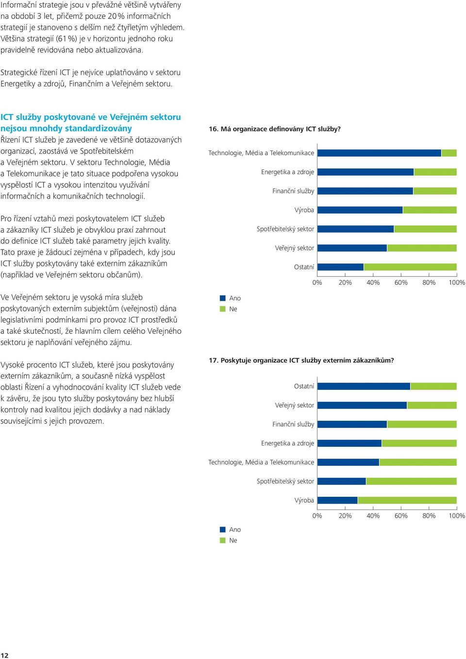 ICT služby poskytované ve Veřejném u nejsou mnohdy standardizovány Řízení ICT služeb je zavedené ve většině dotazovaných organizací, zaostává ve Spotřebitelském a Veřejném u.