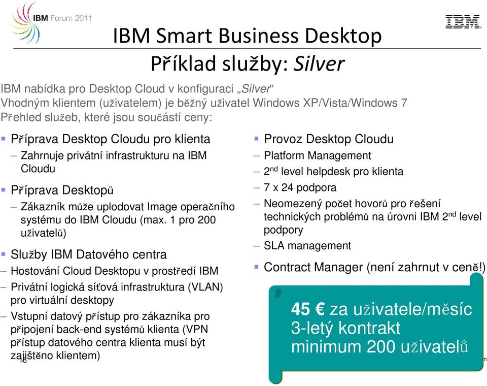 1 pro 200 uživatelů) Služby IBM Datového centra Hostování Cloud Desktopu v prostředí IBM Privátní logická síťová infrastruktura (VLAN) pro virtuální desktopy Vstupní datový přístup pro zákazníka pro