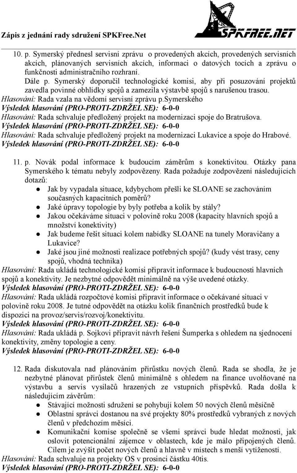 Hlasování: Rada vzala na vědomí servisní zprávu p.symerského Hlasování: Rada schvaluje předložený projekt na modernizaci spoje do Bratrušova.