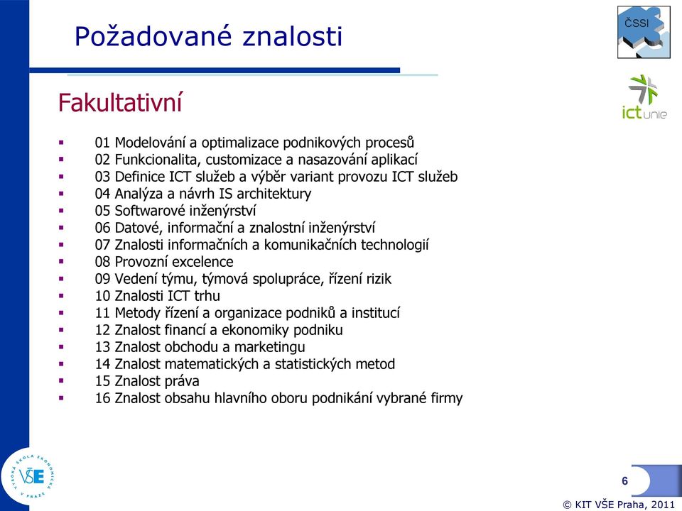 komunikačních technologií 08 Provozní excelence 09 Vedení týmu, týmová spolupráce, řízení rizik 10 Znalosti ICT trhu 11 Metody řízení a organizace podniků a institucí 12