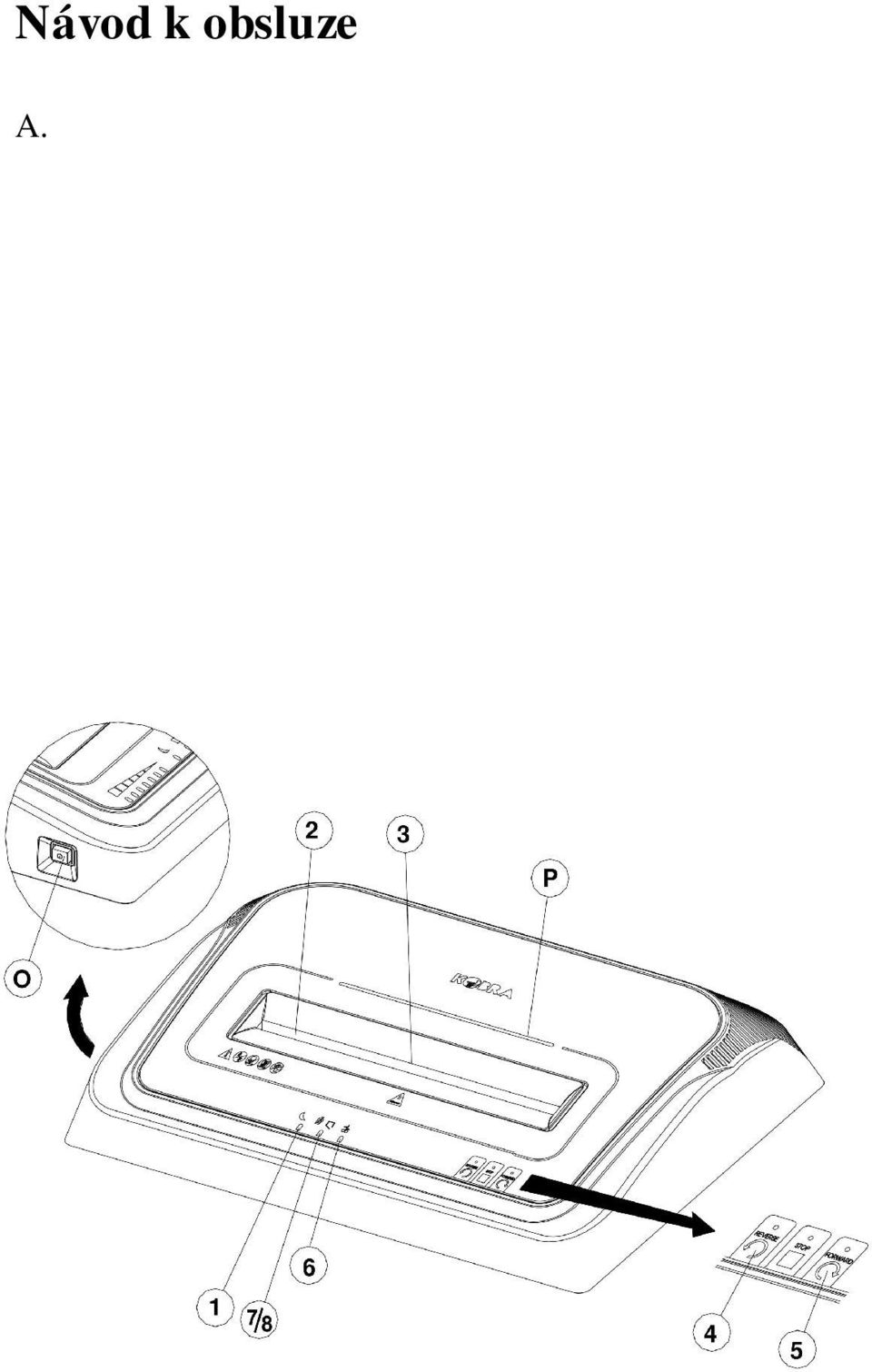 /8. kontrolka naplnění odpadního koše nebo otevřených dvířek O. hlavní vypínač ON/OFF P. modrý světelný pásek 1. FORWARD - chod řezných nožů dopředu.